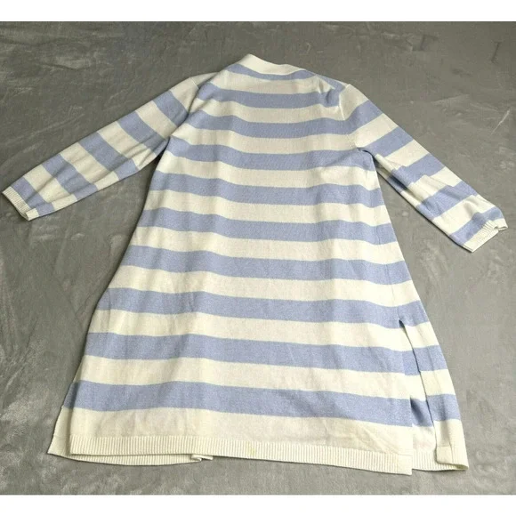 Talbots Sweater Womens MP Petite Blue White Stripe Open Front Longline Cardigan - Picture 2 of 10